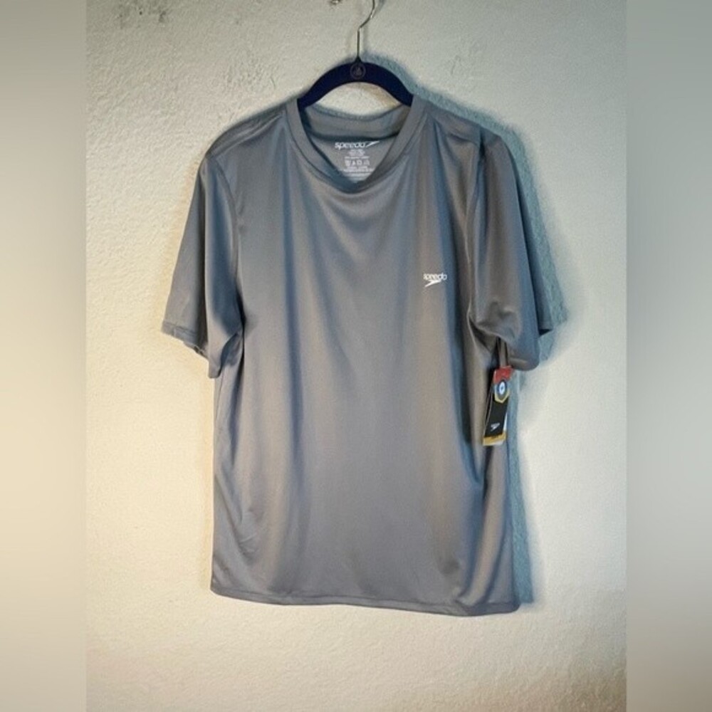 Speedo Men Swim Shirt rash guard UPF Short Sleeve Regular Fit gray new